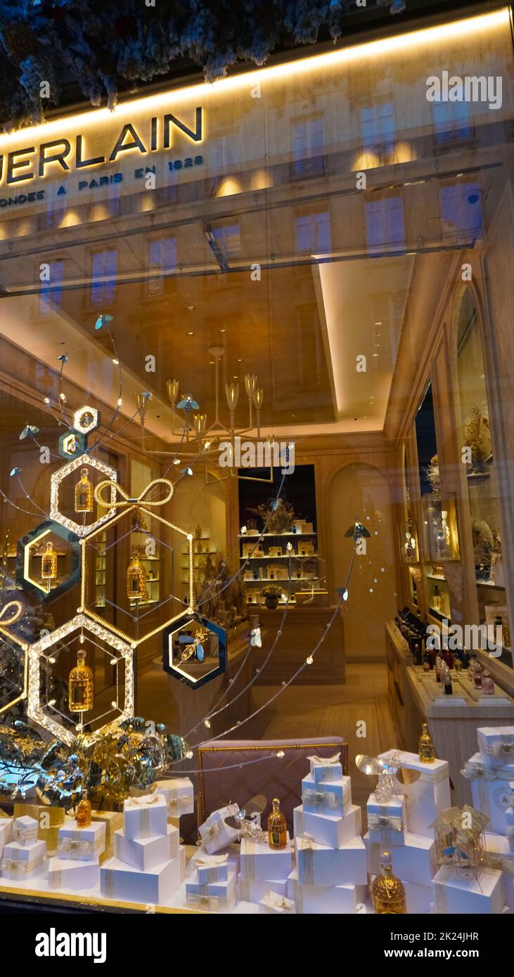 Paris, France - January 01, 2022: Famous luxury perfumer located near Place Vendome. Facade of a Guerlain store. Stock Photo