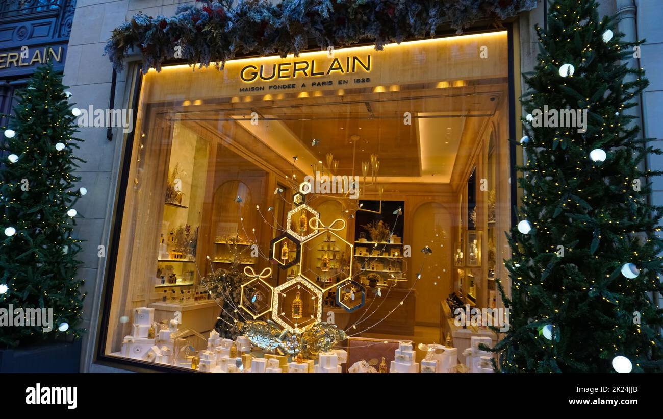 Paris, France - January 01, 2022: Famous luxury perfumer located near Place Vendome. Facade of a Guerlain store. Stock Photo
