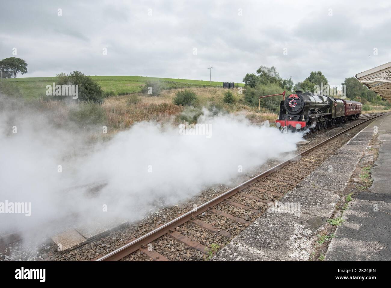 York to Carlisle Dalesman ,Scots Guardsman, at Hellifield station 22nd September 2022. Steam loco takes over here from diesel. Stock Photo
