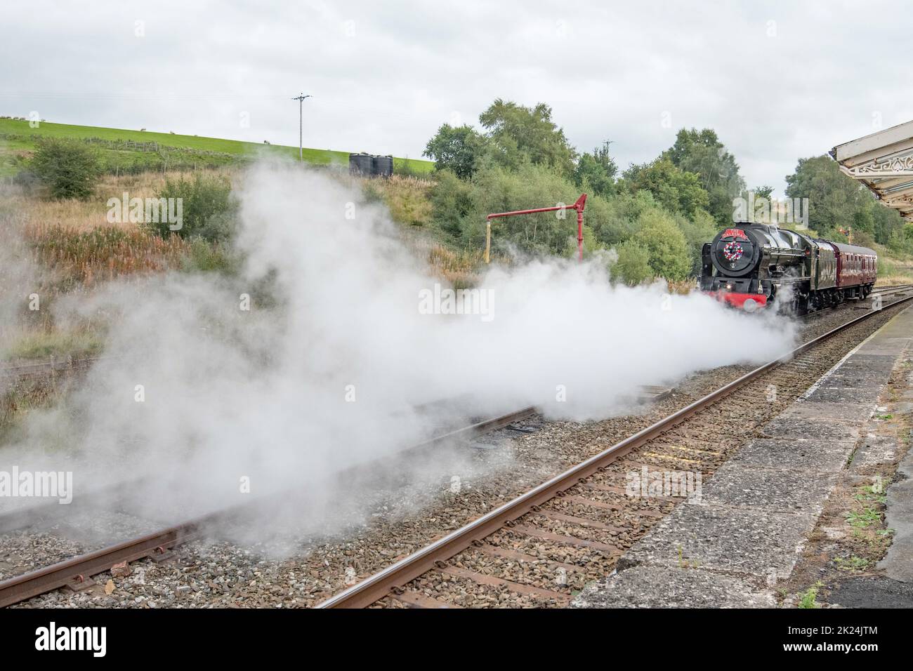 York to Carlisle Dalesman ,Scots Guardsman, at Hellifield station 22nd September 2022. Steam loco takes over here from diesel. Stock Photo