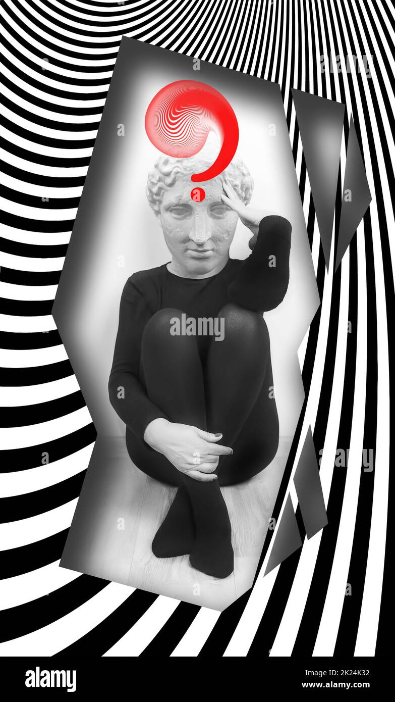 Woman with statue head sitting on abstract background. Art design ...