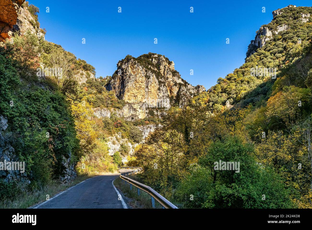 Driving through Foz de Arbayun canyon of Salazar River in the Pyrenees in Navarre Autonomous Community of Spain, Europe Stock Photo