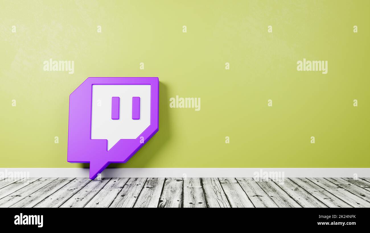 Twitch Logo 3D Symbol Shape on Wooden Floor Against Yellow Wall with Copy Space 3D Render Illustration Stock Photo