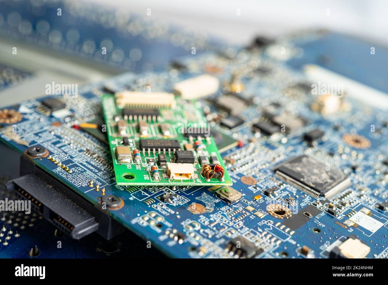 micro circuit main board computer electronic technology, hardware, mobile phone, upgrade, cleaning concept. Stock Photo