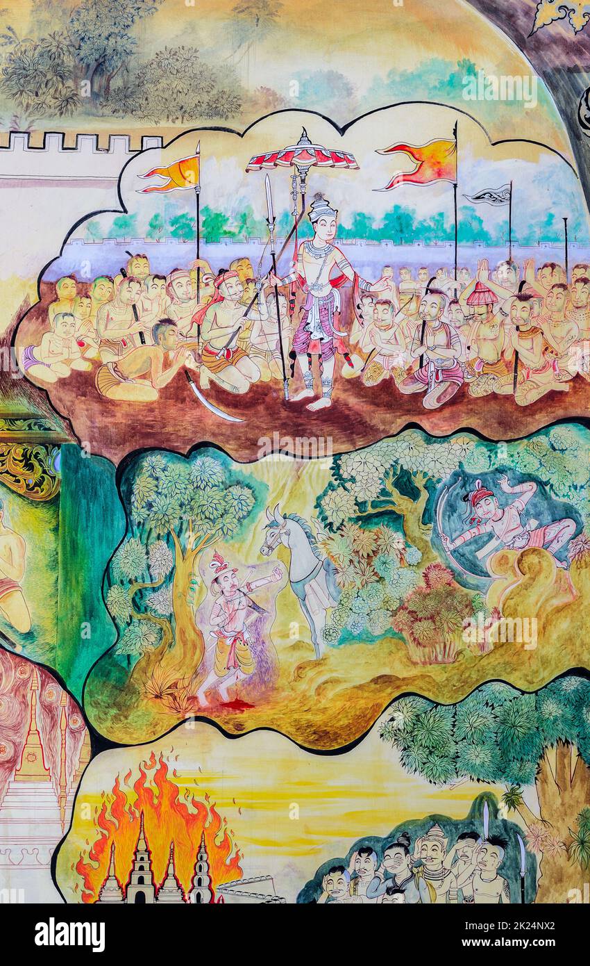 CHIANG MAI,THAILAND - OCTOBER 27, 2014 : Thai mural painting of Lanna people life in the past on temple wall of Wat Chaimongkol Temple in Chiang Mai, Stock Photo