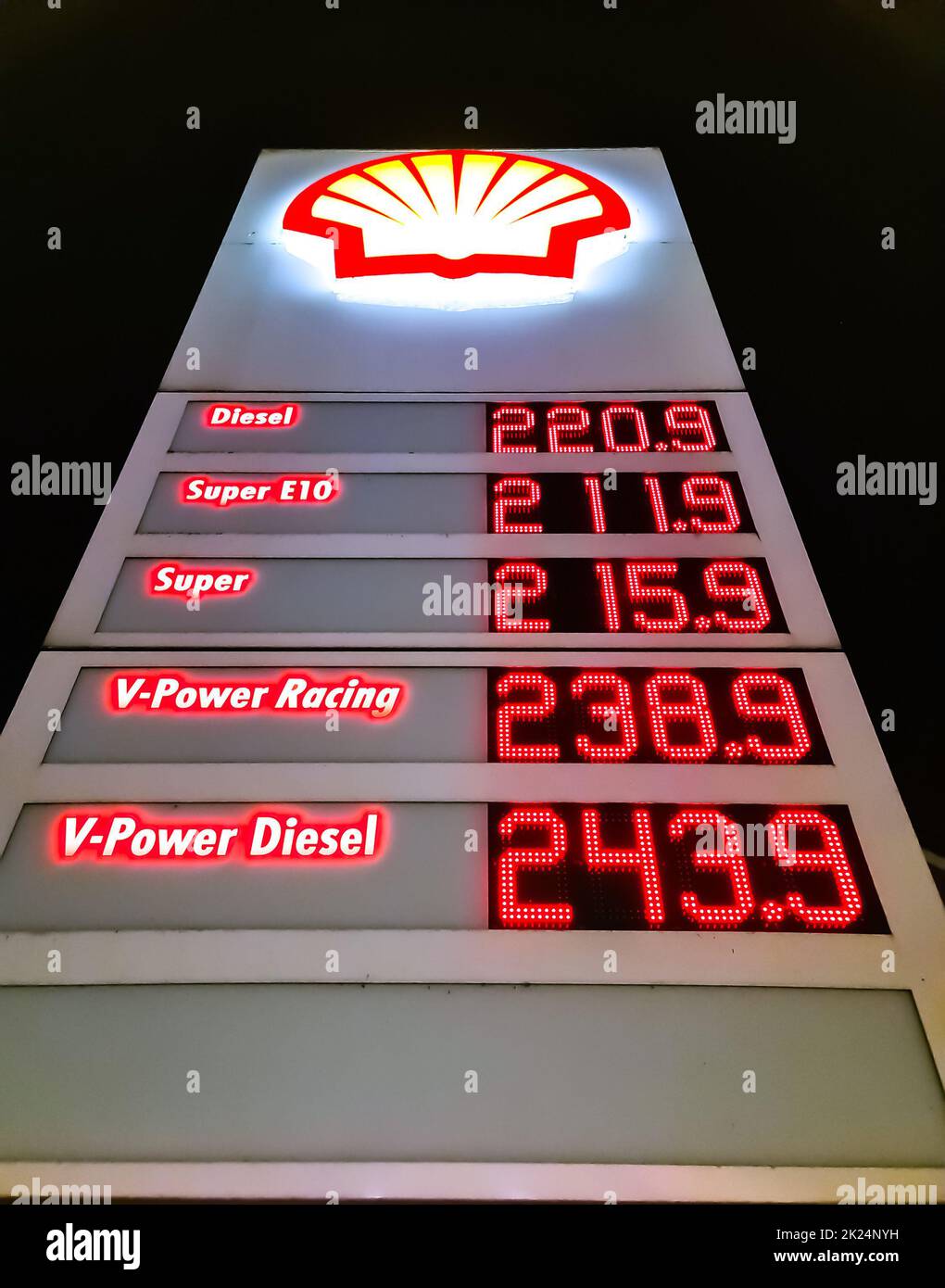 Night shot of exploding gasoline prices at a Shell gas station in ...