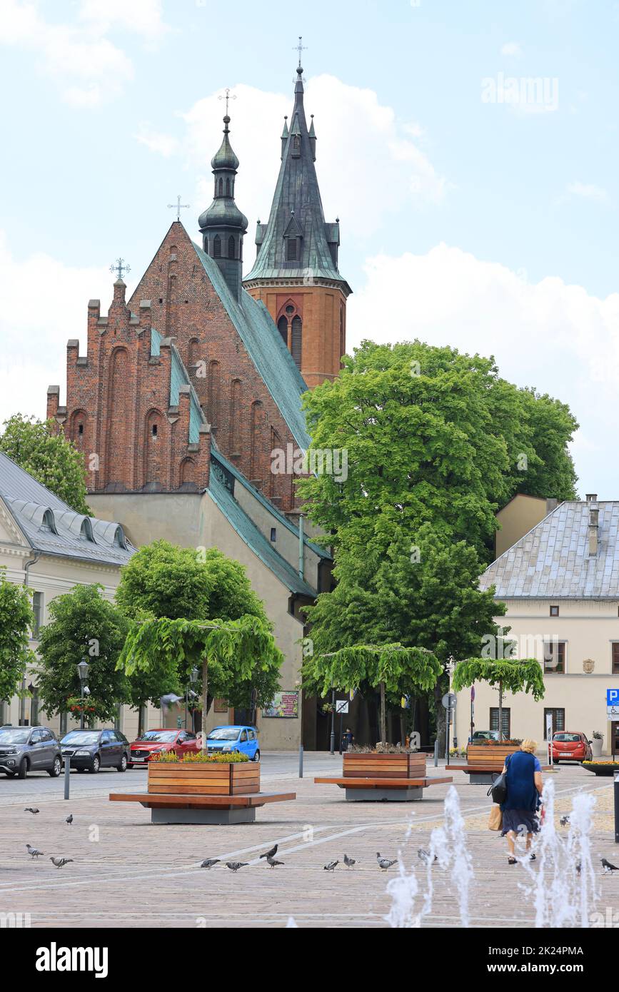 Olkusz, Poland - June 9, 2021: Market square in a small town near Krakow, Collegiate Basilica of St. Andrew the Apostle Stock Photo