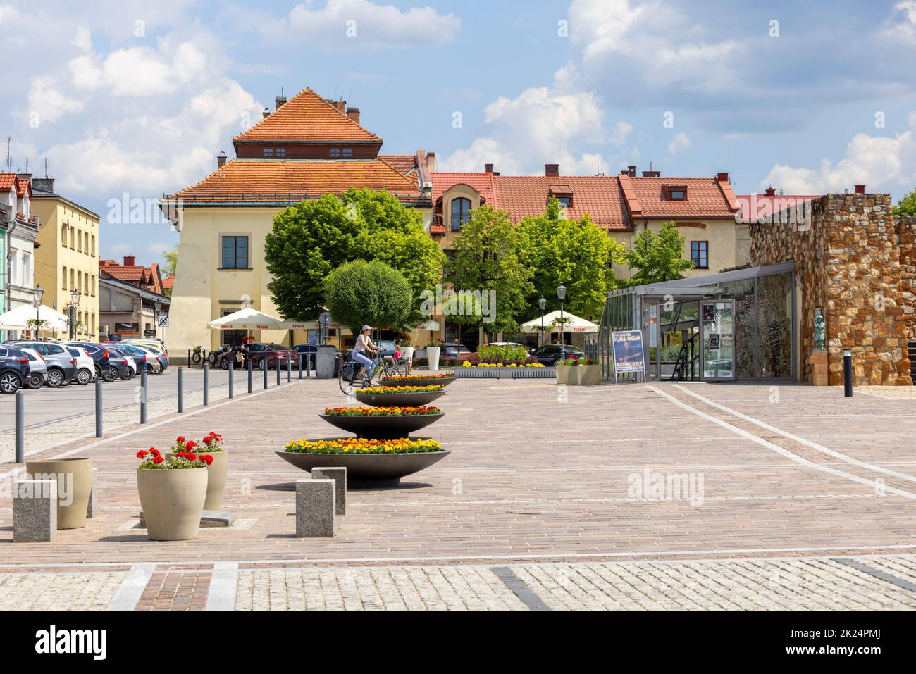 Olkusz, Poland - June 9, 2021: Market square in a small town near Krakow, entrance to the Olkusz Underground Museum in the middle of the square Stock Photo