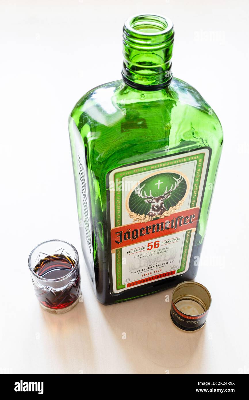 Moscow, Russia March 20, 2022 shot and open bottle of Jagermeister