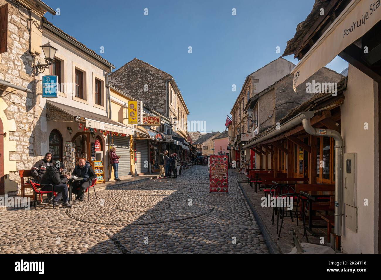 Mostar, Bosnia & Herzegovina, March 2022 - Old cobblestone street in the city of Mostar, Bosnia & Herzegovina Stock Photo