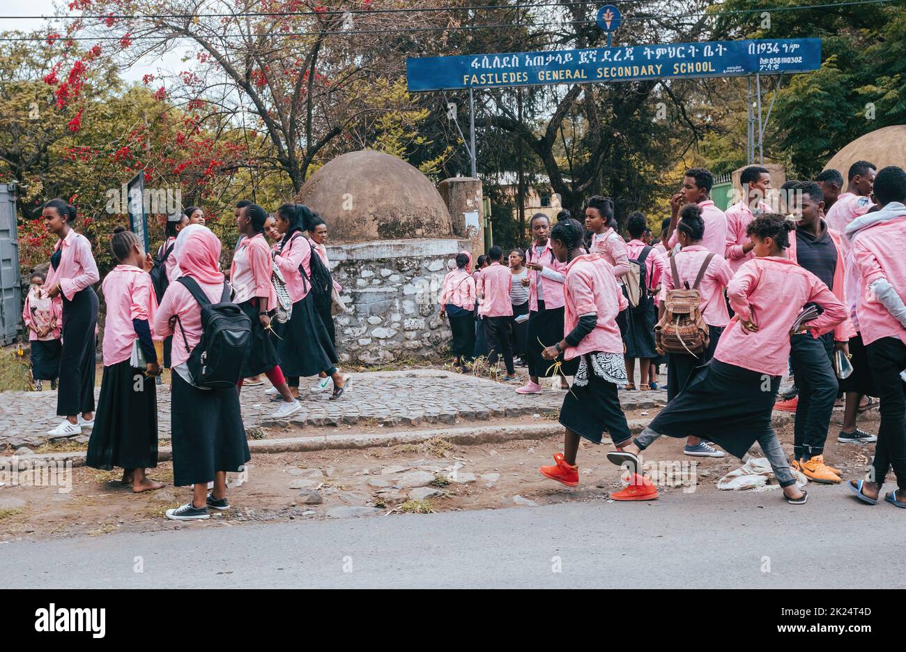GONDAR, ETHIOPIA, APRIL 22.2019, Ethiopian students in uniform behind Fasiledes secondary school in Gondar City. Gondar, Ethiopia, April 22. 2019 Stock Photo