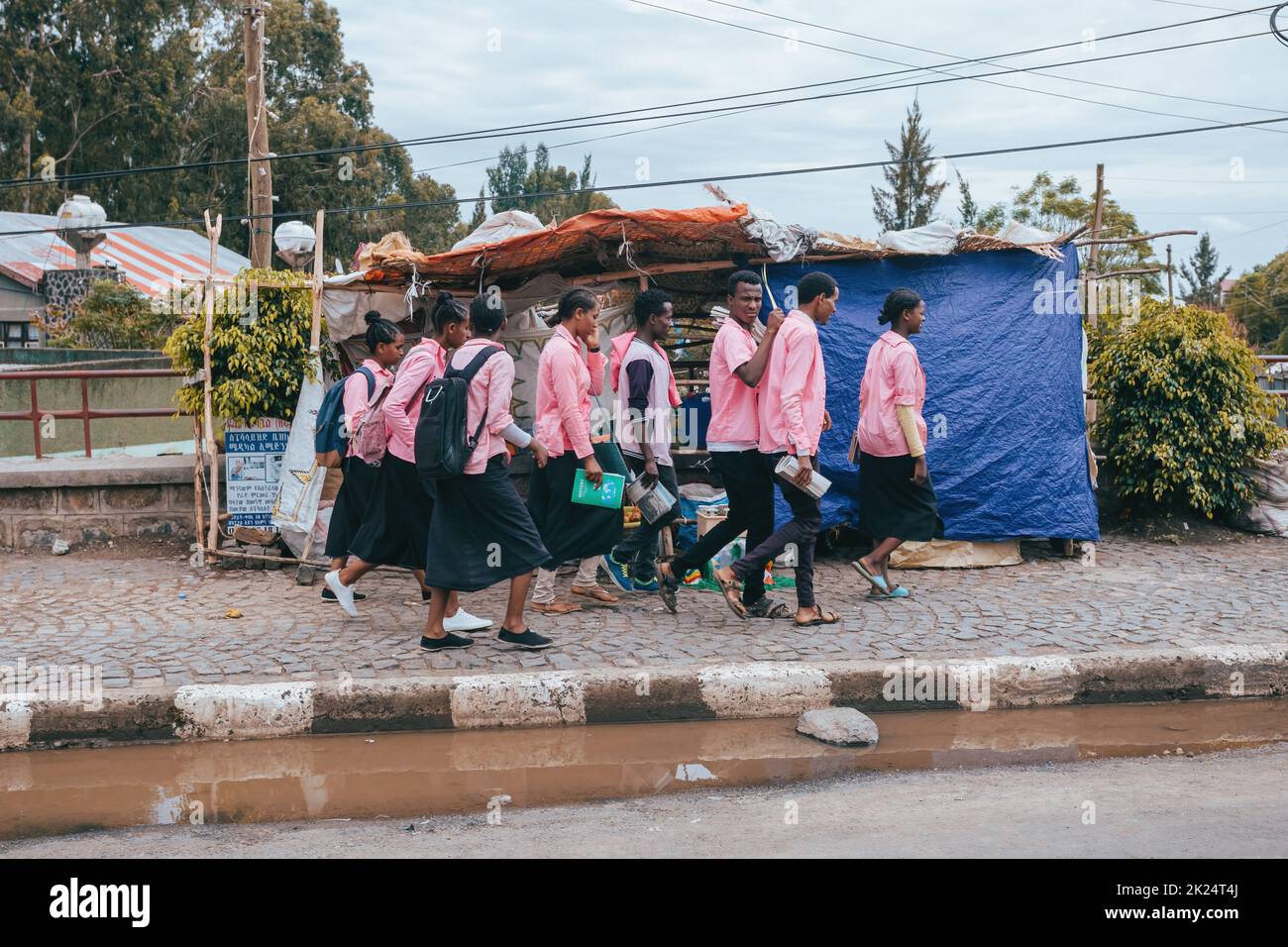 GONDAR, ETHIOPIA, APRIL 22.2019, Ethiopian students in uniform behind Fasiledes secondary school in Gondar City. Gondar, Ethiopia, April 22. 2019 Stock Photo