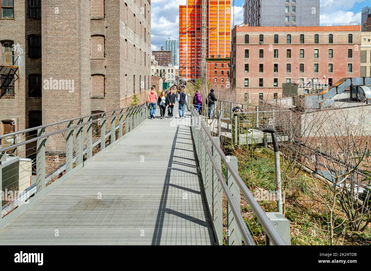 High Line Bridge The High Line Park, New York City, Steel Bridge with People walking on ...