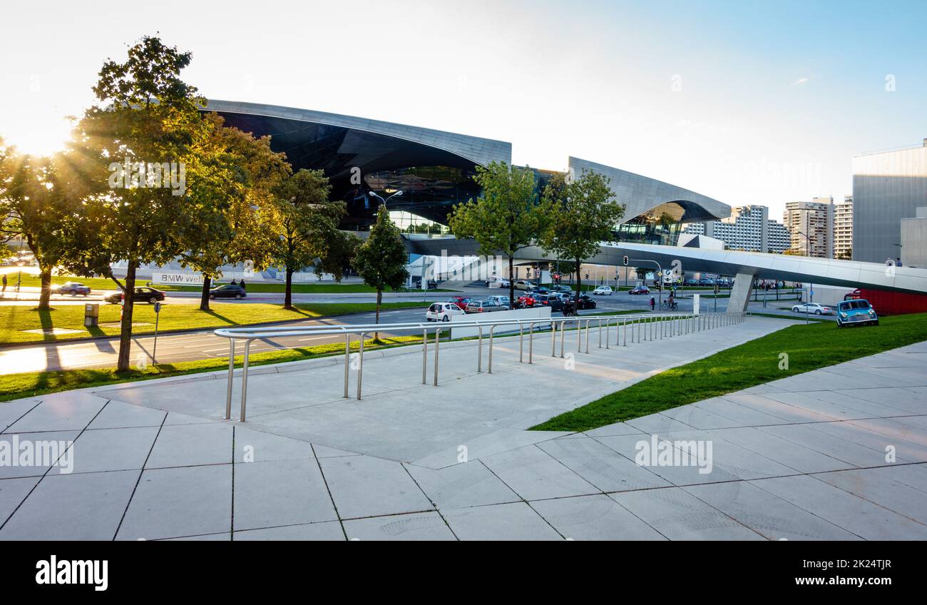 Munich, Germany, September 29, 2015: BMW showroom next to the headquarters building and the museum in Munich, Germany Stock Photo