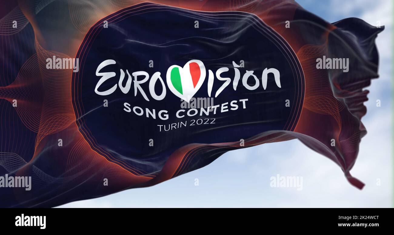 Turin, Italy, January 2022: The flag of the Eurovision Song Contest 2022 logo waving in the wind. The 2022 edition will take place in Turin, Italy fro Stock Photo