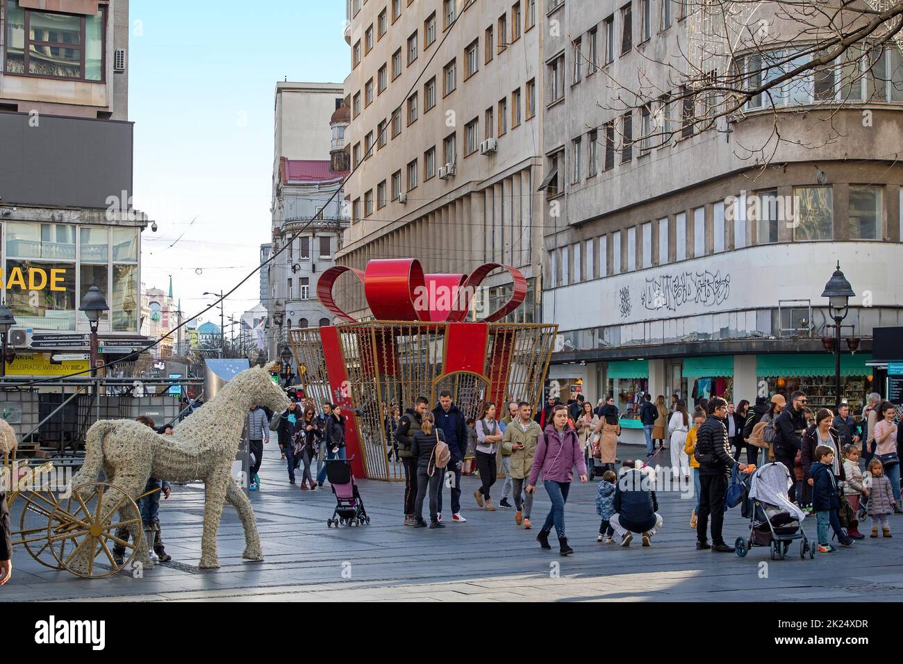 Belgrade, Serbia - November 28, 2021: People outside on street in Serbian capital Belgrade walking around shopping enjoying in festive merriment  clos Stock Photo