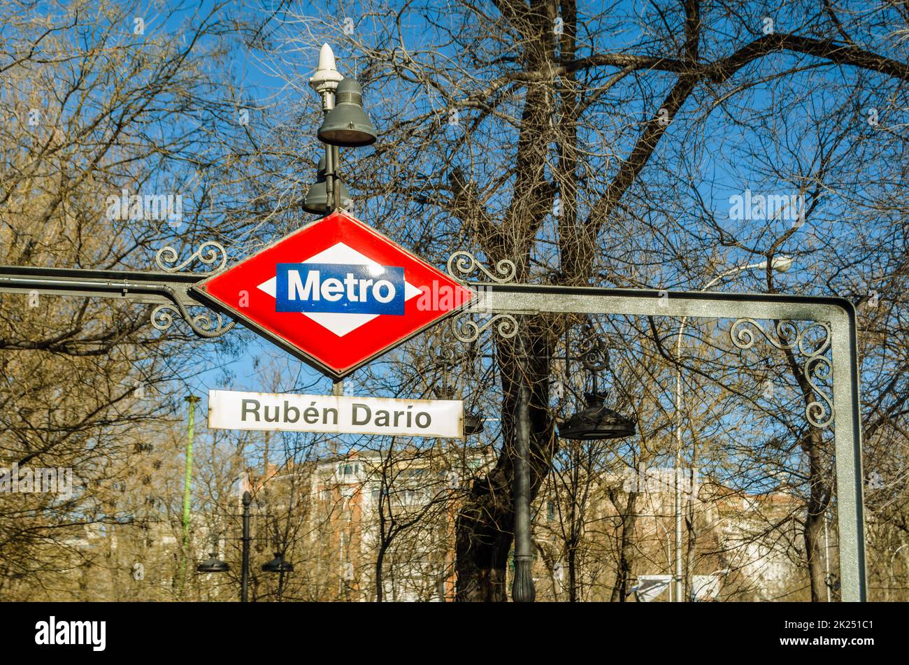 MADRID, SPAIN - JANUARY 12, 2022: Detail of Madrid metro sign at Ruben Dario subway station Stock Photo