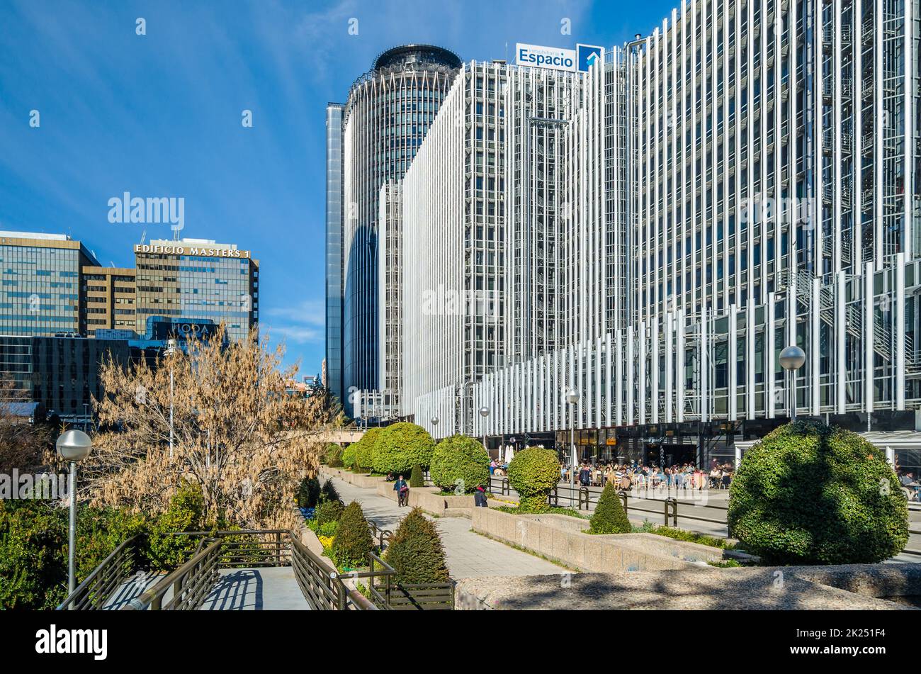 MADRID, SPAIN - FEBRUARY 20, 2022: View of the Pablo Ruiz Picasso square (also known as Plaza Central de AZCA), a public square located in Madrid, Spa Stock Photo