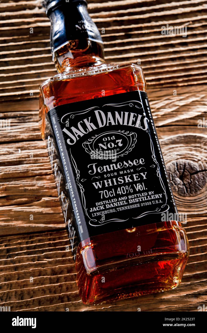 POZNAN, POL APR 7, 2022 Bottle of Jack Daniel's, a brand of the best