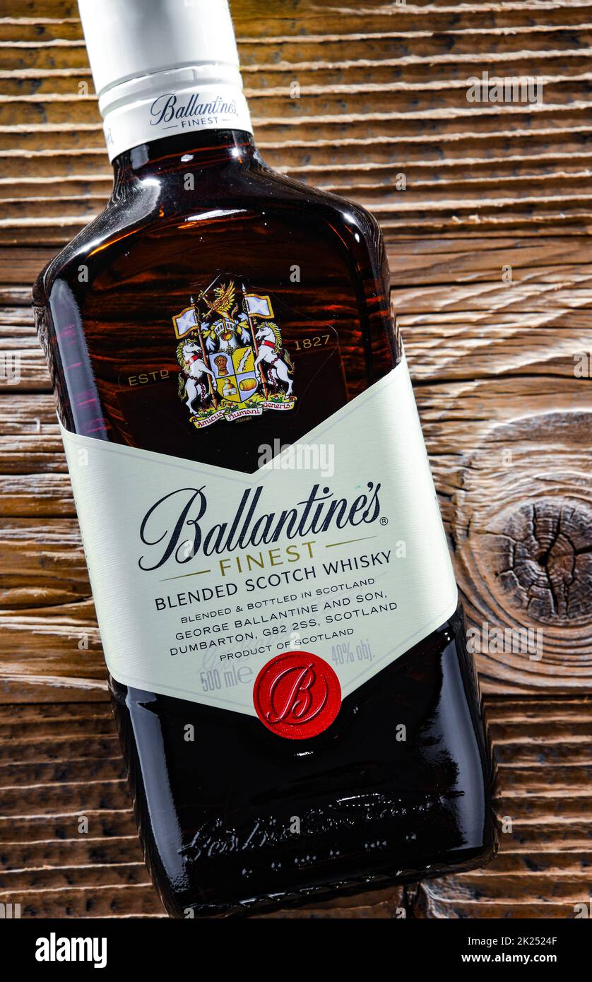 POZNAN, POL APR 13, 2022 Bottle of Ballantine's, the world's second