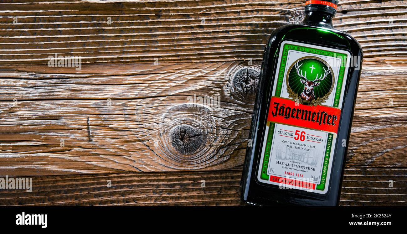 Green bottle of Jagermeister, bottom view, tasty popular German strong  liqueur infused with herbs. alcoholic drink which includes 56 botanical  ingredi Stock Photo - Alamy