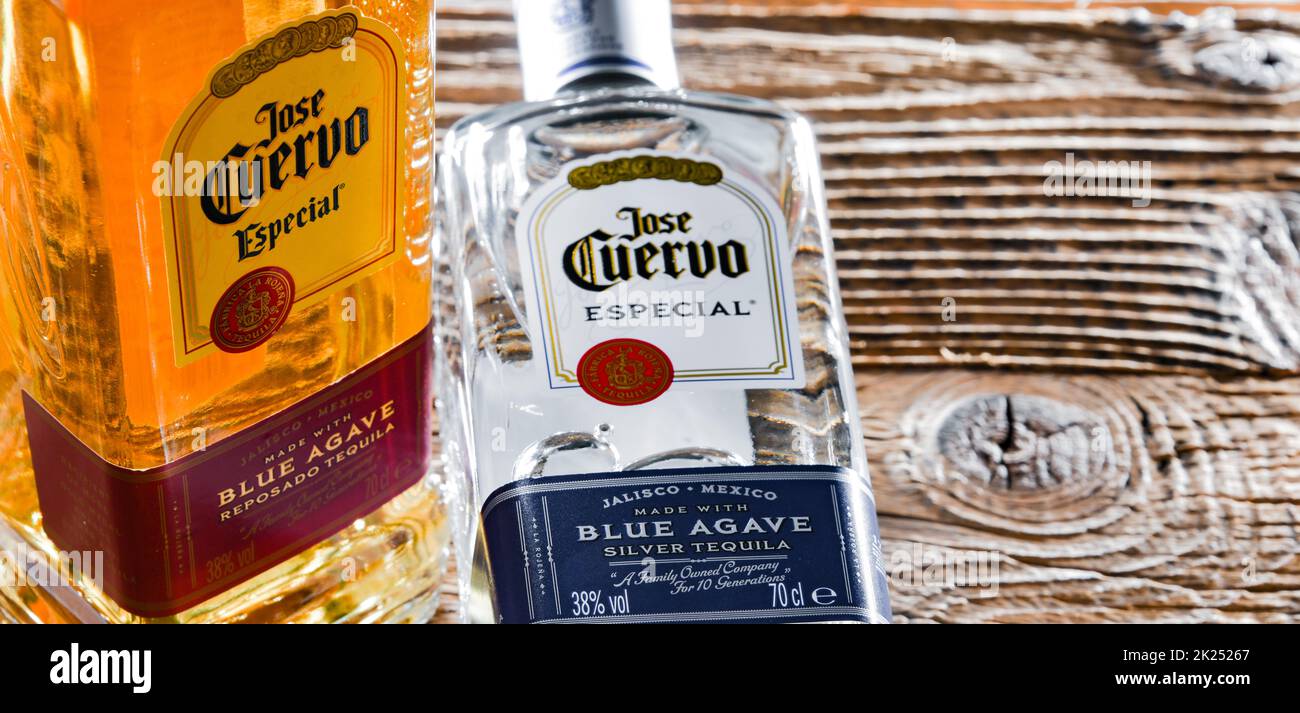 POZNAN, POL APR 13, 2022 Bottles of Jose Cuervo, a brand of the best