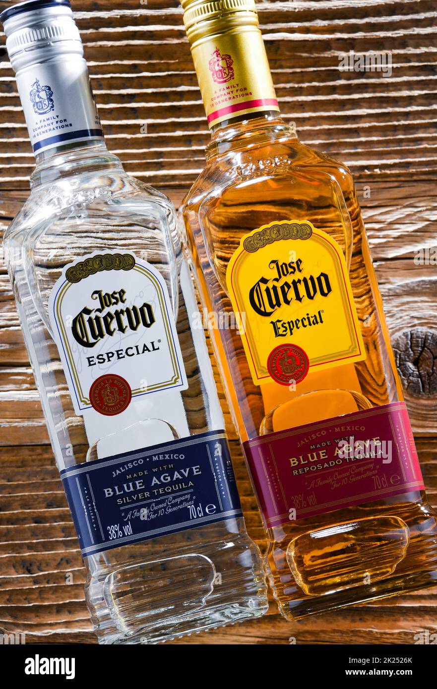 POZNAN, POL APR 13, 2022 Bottles of Jose Cuervo, a brand of the best