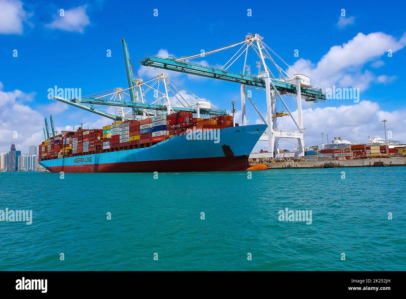 Miami, USA April 29, 2022 Maersk container ship at Port Miami, one