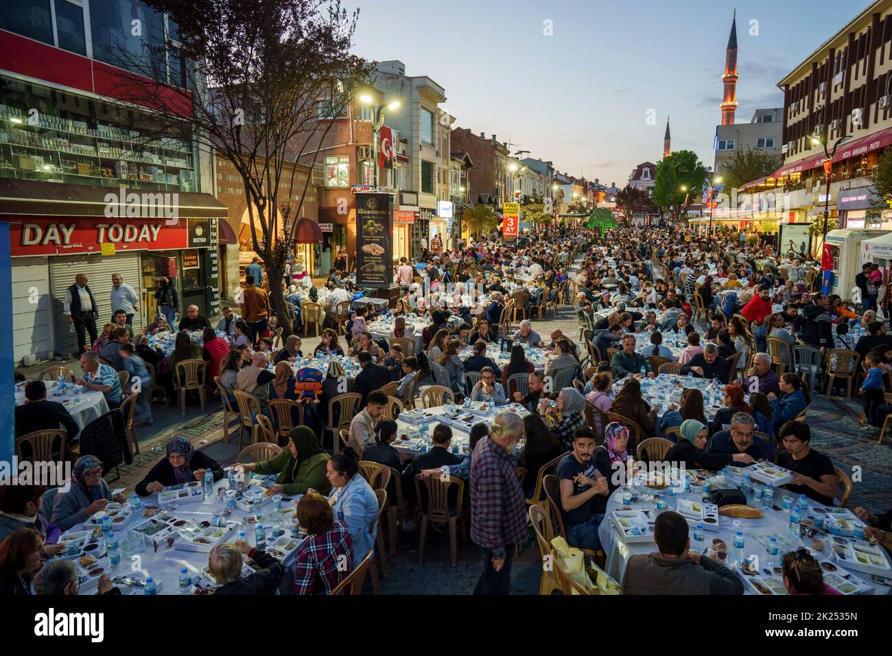 Edirne, Turkey - April 27, 2022: Muslim people who are fasting wait for the adhan (ezan) and evening meal (Iftar) in Ramadan month in Edirne, Turkey. Stock Photo