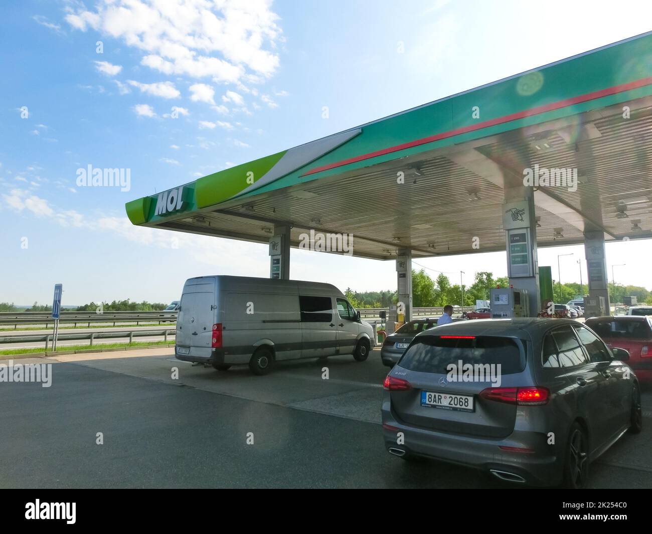 Prague, Czech Republic - May 12, 2022: MOL gas station. The company has replace Agip gas stations. Stock Photo