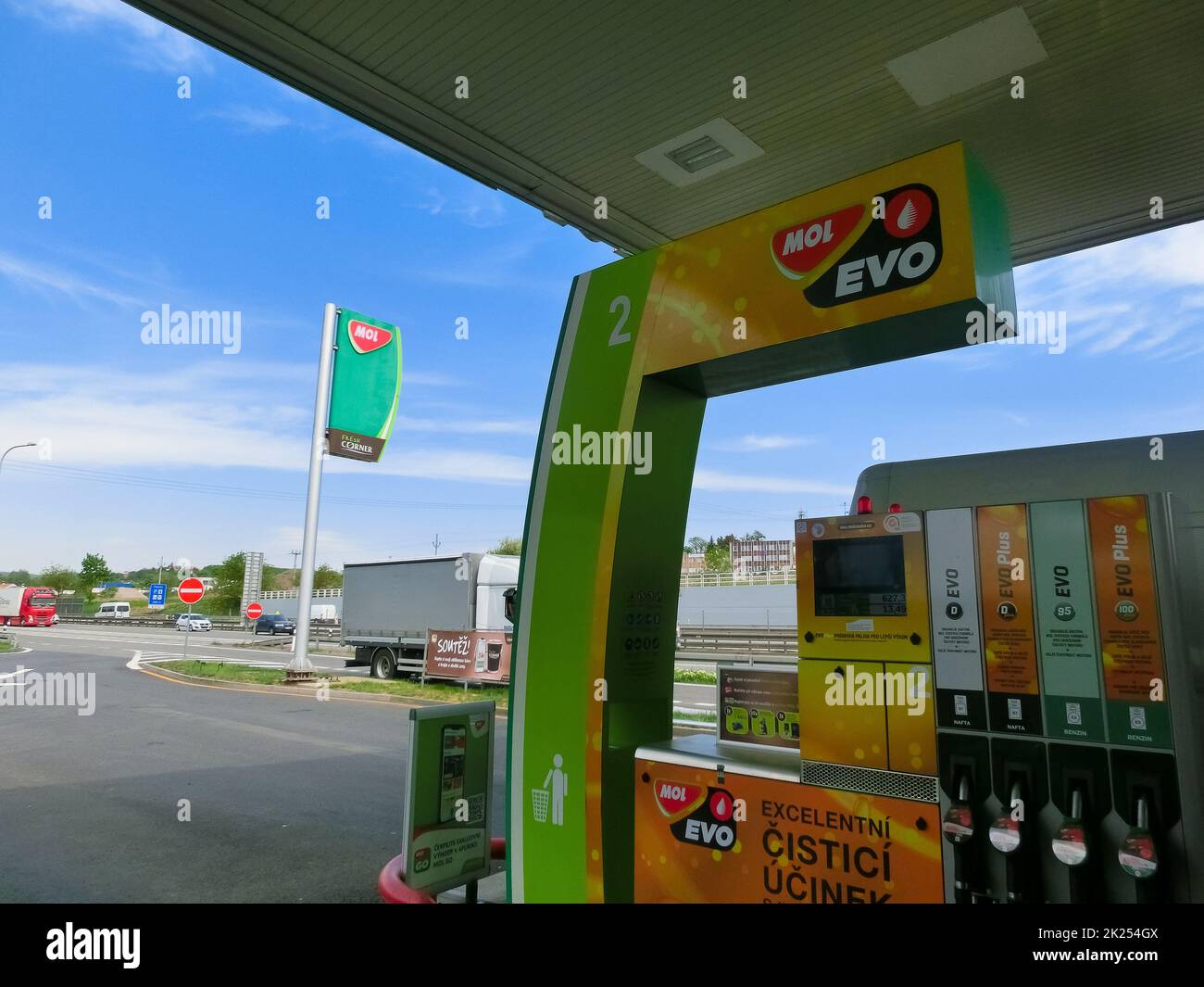 Prague, Czech Republic - May 12, 2022: MOL gas station. The company has replace Agip gas stations. Stock Photo