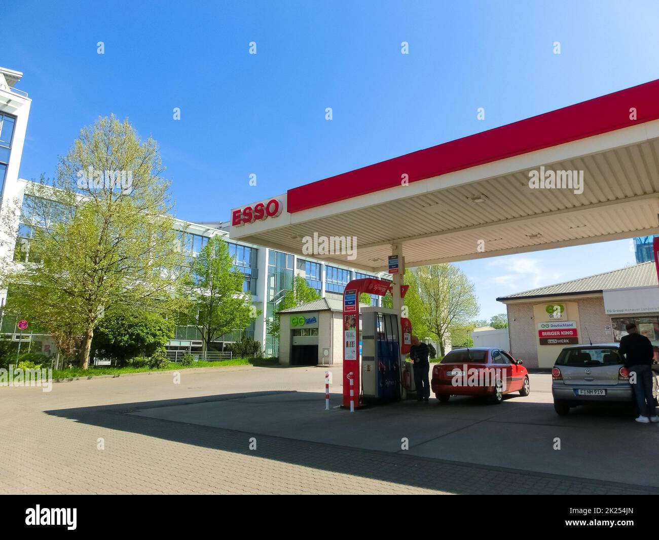 Dresden, Germany - April 18, 2022: View of the Esso gas station.Esso is a trading name for ExxonMobil.American ExxonMobil is the largest company in th Stock Photo