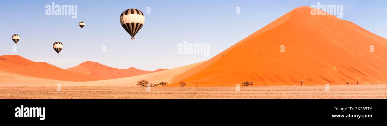 Dunes and Balloons in the Namib Desert to the horizon, Namibia, Africa. Stock Photo