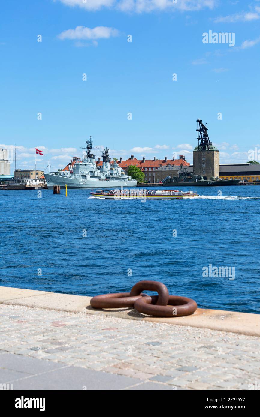 Copenhagen; Denmark - June 22, 2019 : Holmen naval base in Copenhagen, Frigate of Royal Danish Navy moored in the port, view from the waterfront Stock Photo