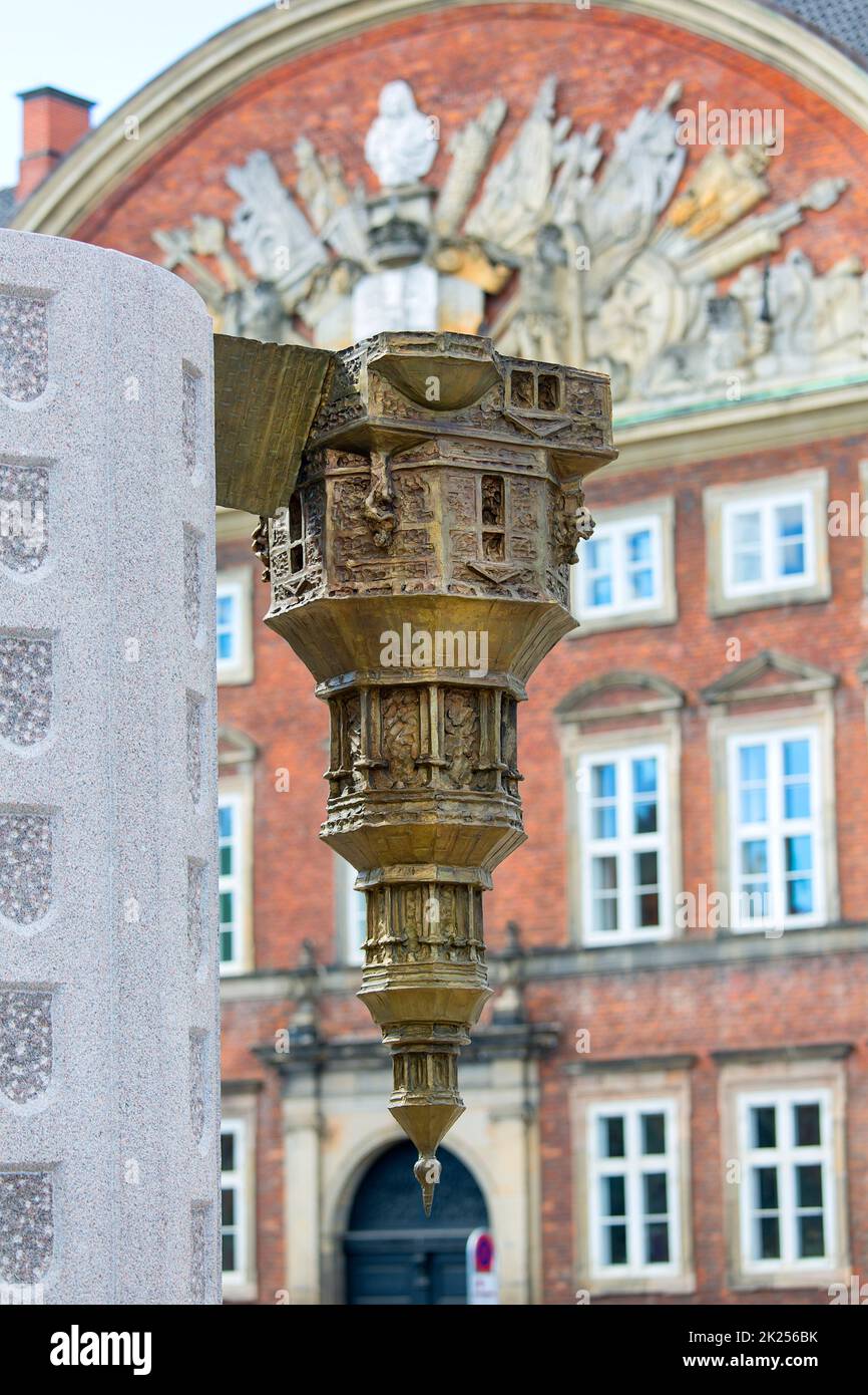 Copenhagen; Denmark - June 22, 2019 : Borsen, inverted tower, miniature of spire , fragment of the monument Danish king Christian IV by sculptor Hans Stock Photo