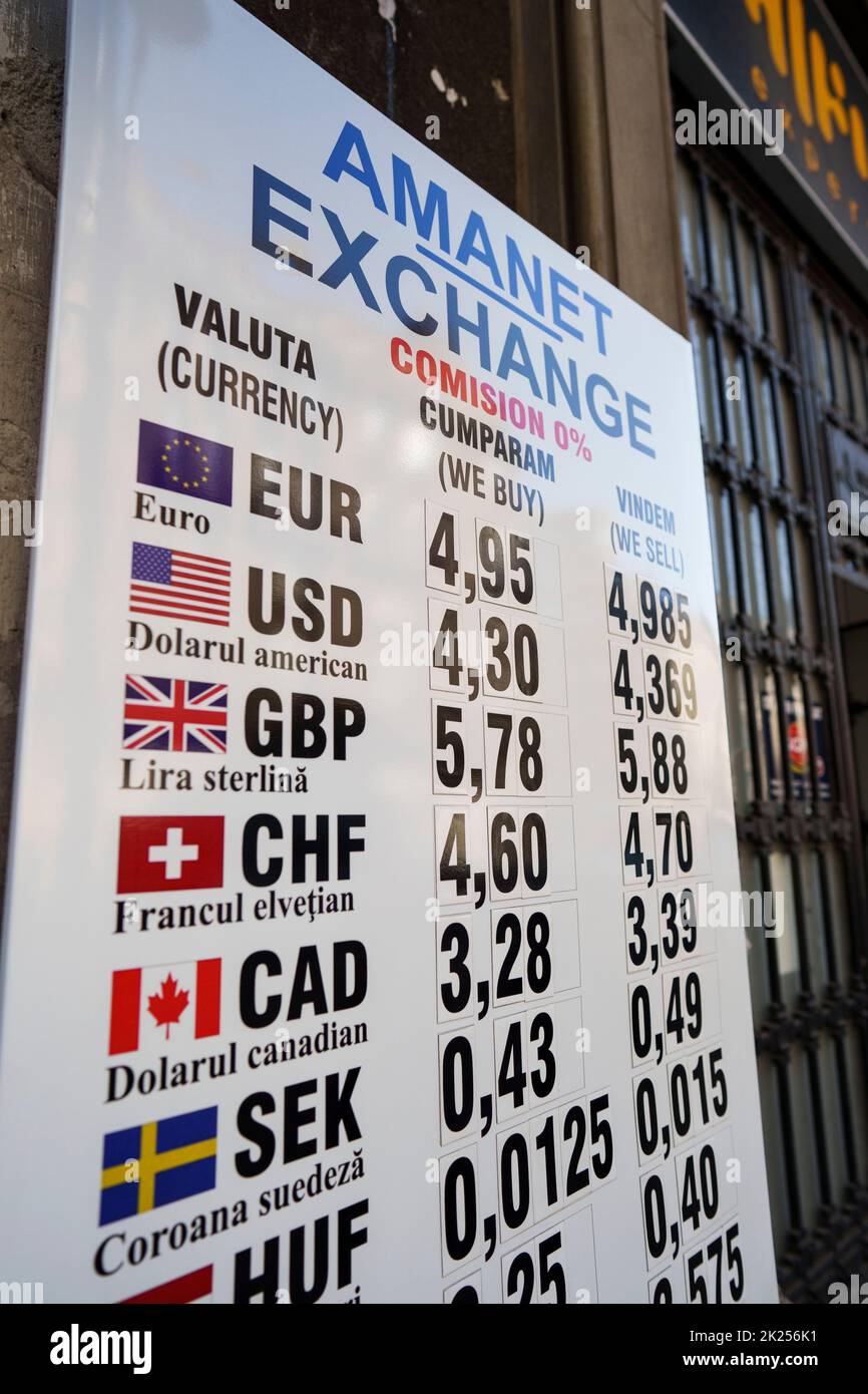 Bucharest, Romania - February 11, 2022: Currency exchange rate displayed at an exchange office. Stock Photo