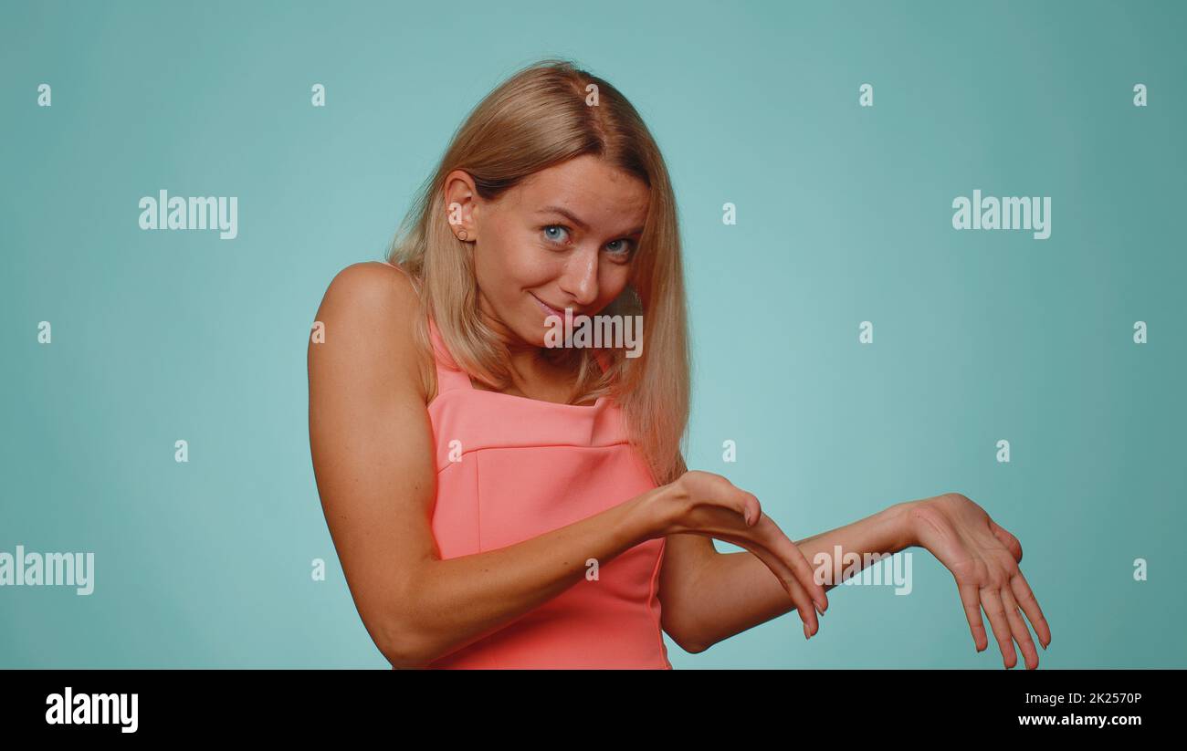 Woman raising hands asking what why reason of failure demonstrating ...