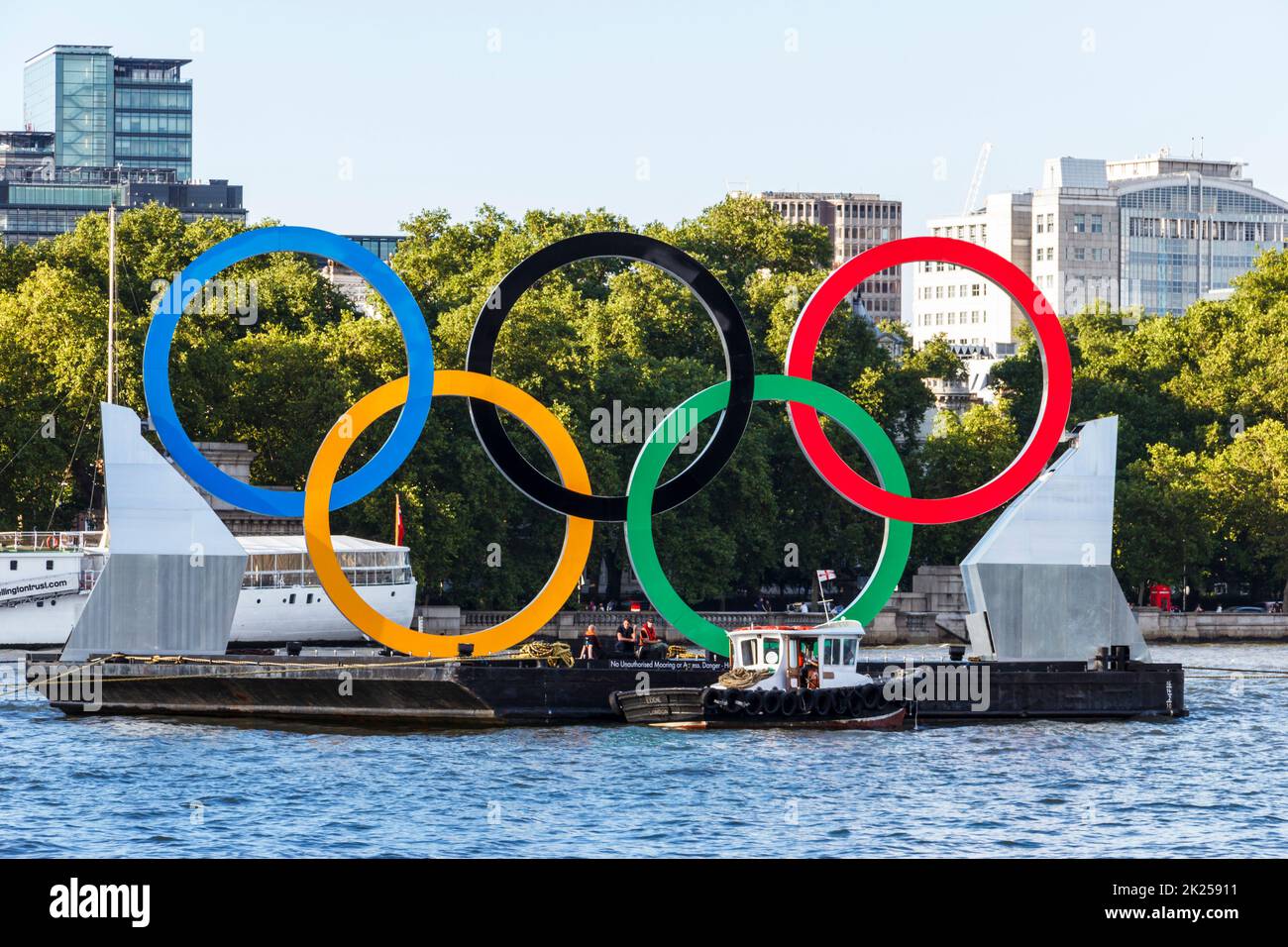 The Olympic rings on a barge on the River Thames, London, UK Stock Photo