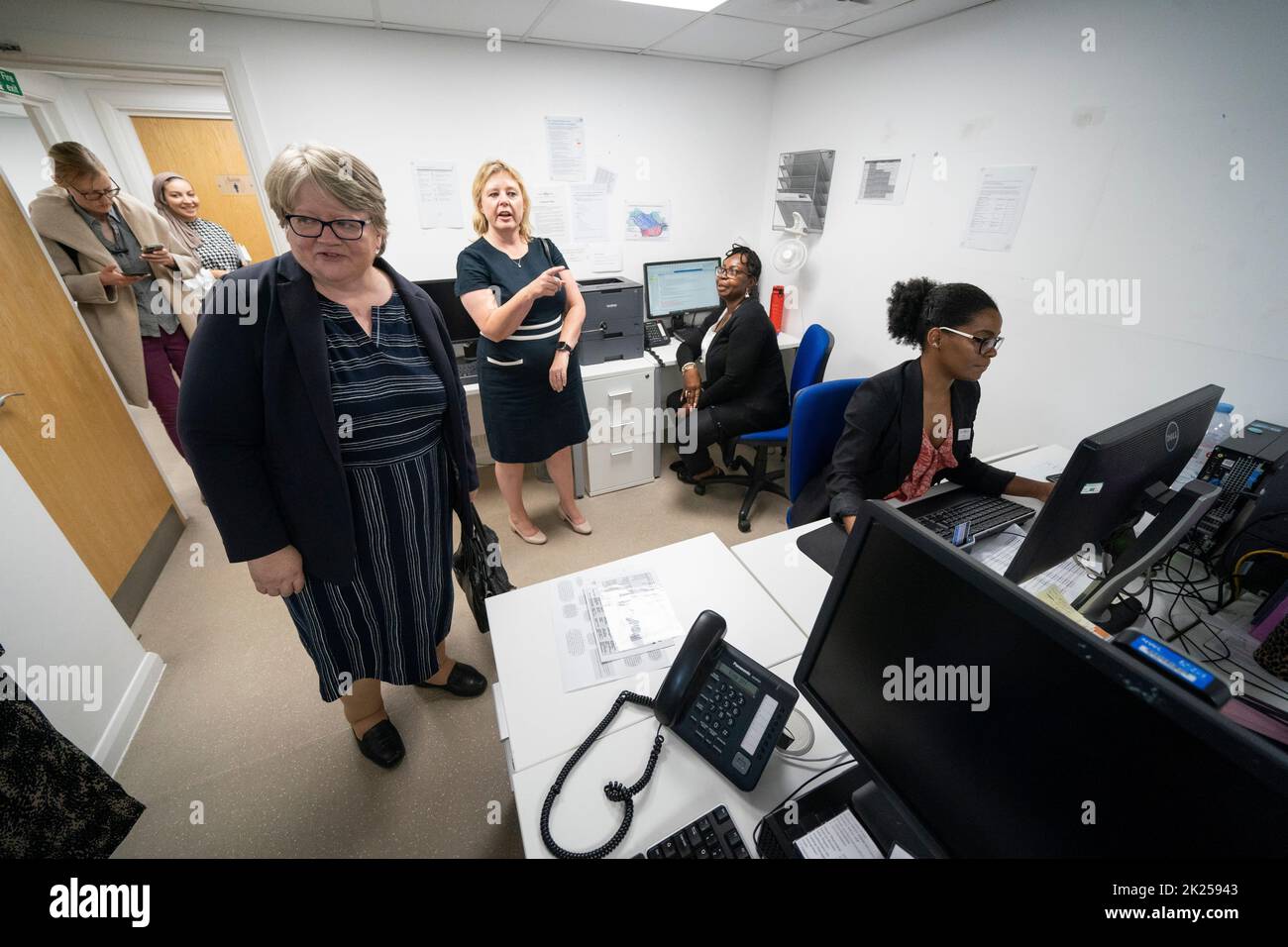 Health and Social Care Secretary Therese Coffey (left) during her visit to The Marven Surgery in London, following her announcement to help patients receive easier access to NHS and social care. Issue date: Thursday September 22, 2022. Stock Photo