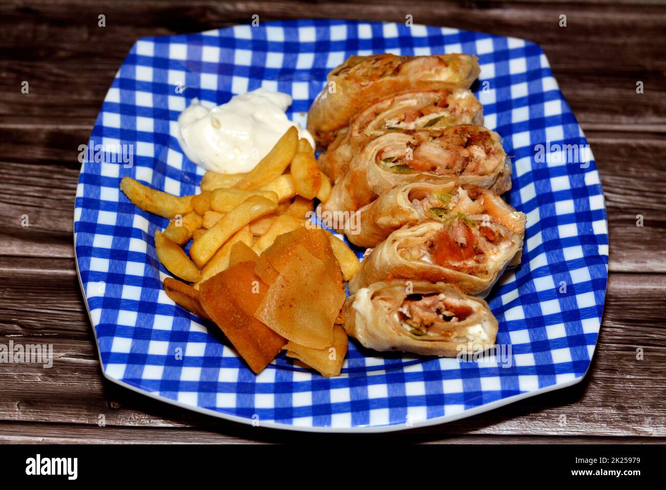 Syrian recipe cuisine background, a plate of pieces of chicken shawerma