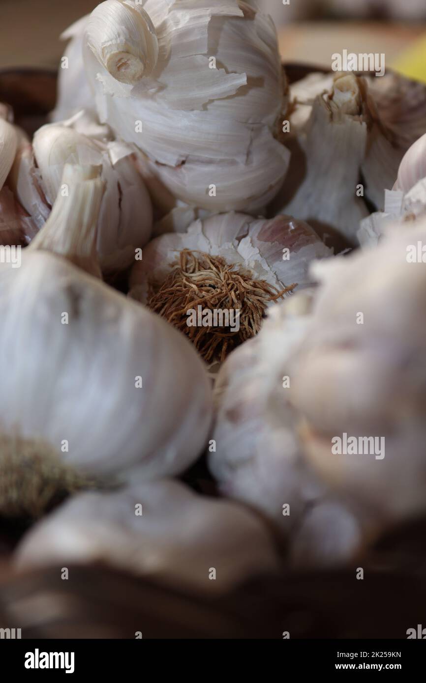 A closer look at some garlic cloves Stock Photo