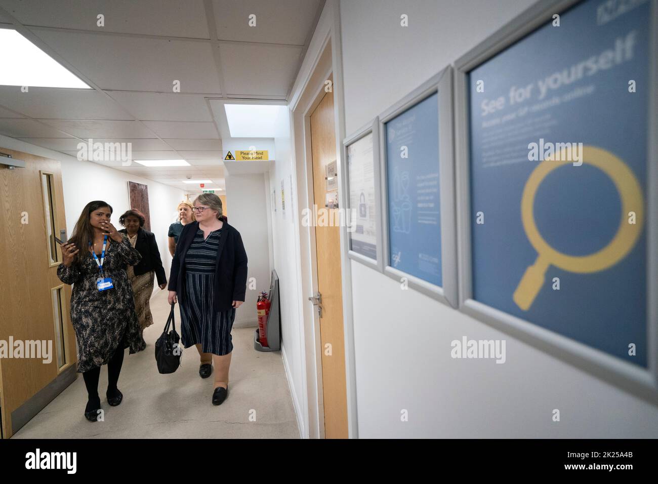 Health and Social Care Secretary Therese Coffey (right) during her visit to The Marven Surgery in London, following her announcement to help patients receive easier access to NHS and social care. Picture date: Thursday September 22, 2022. Stock Photo