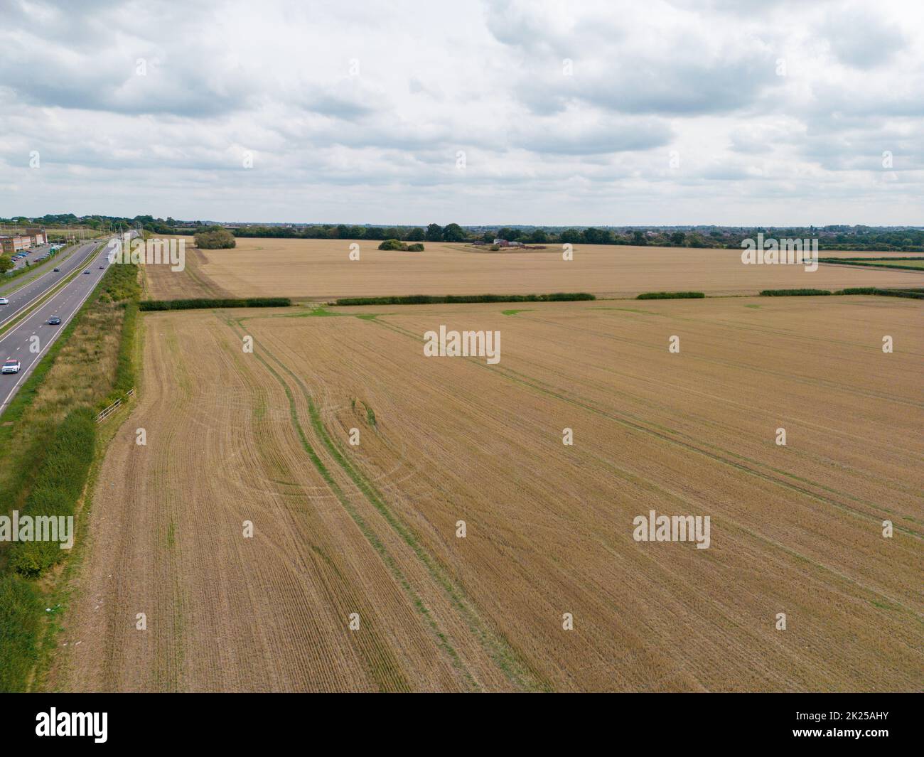 The greenfield site opposite Horiba that will be built on to extend the MIRA site creating over two thousand jobs. The A5 can be seen on the left and the image is takien looking towards Hinckley. IMAGE TAKEN ON PUBLIC HIGHWAY NOT ON ANY PRIVATE PROPERTY. Stock Photo
