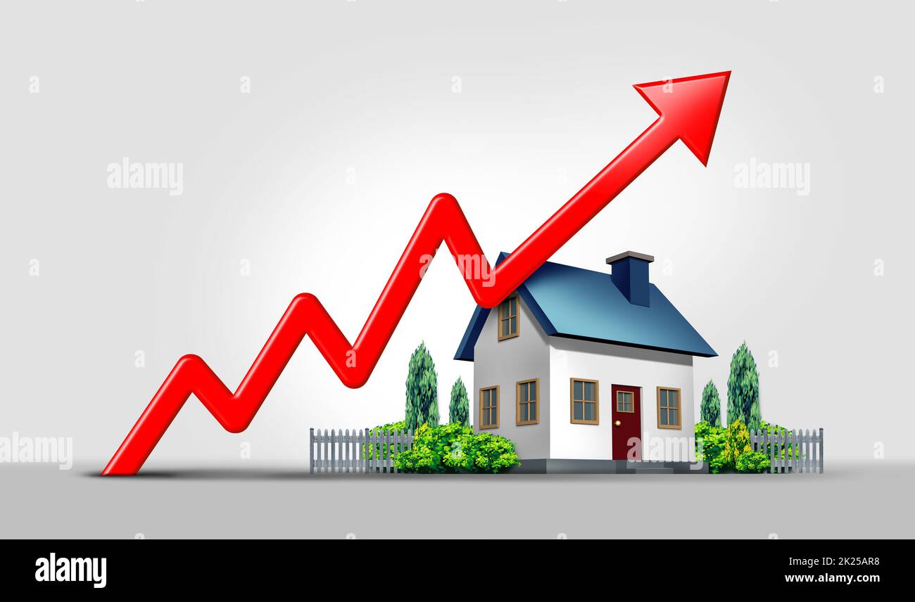 Rising interest rates and mortgage home prices surging as housing borrowing costs rise due to inflation and financial crisis concept as a house. Stock Photo