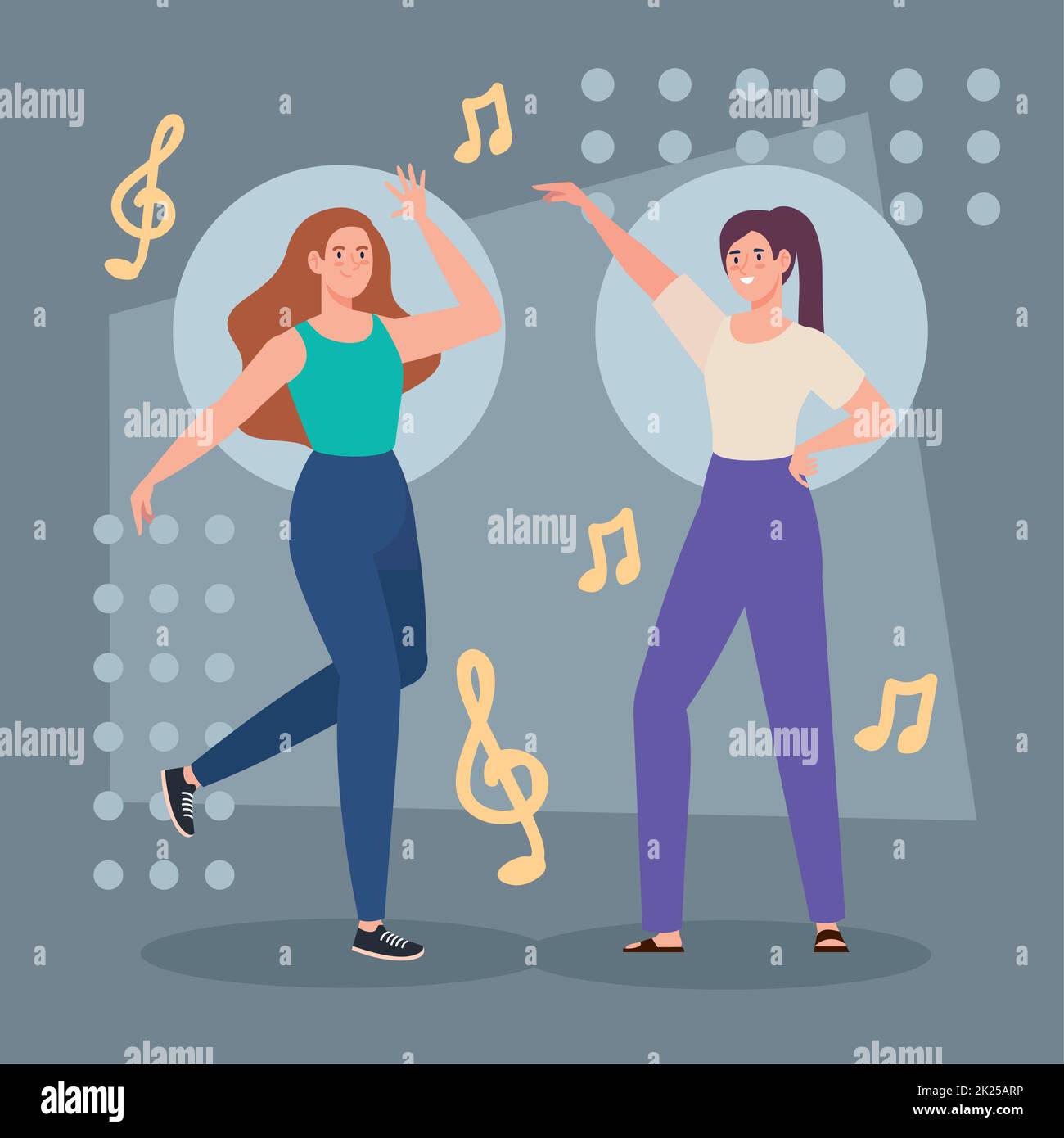 girls dancing with music notes Stock Vector