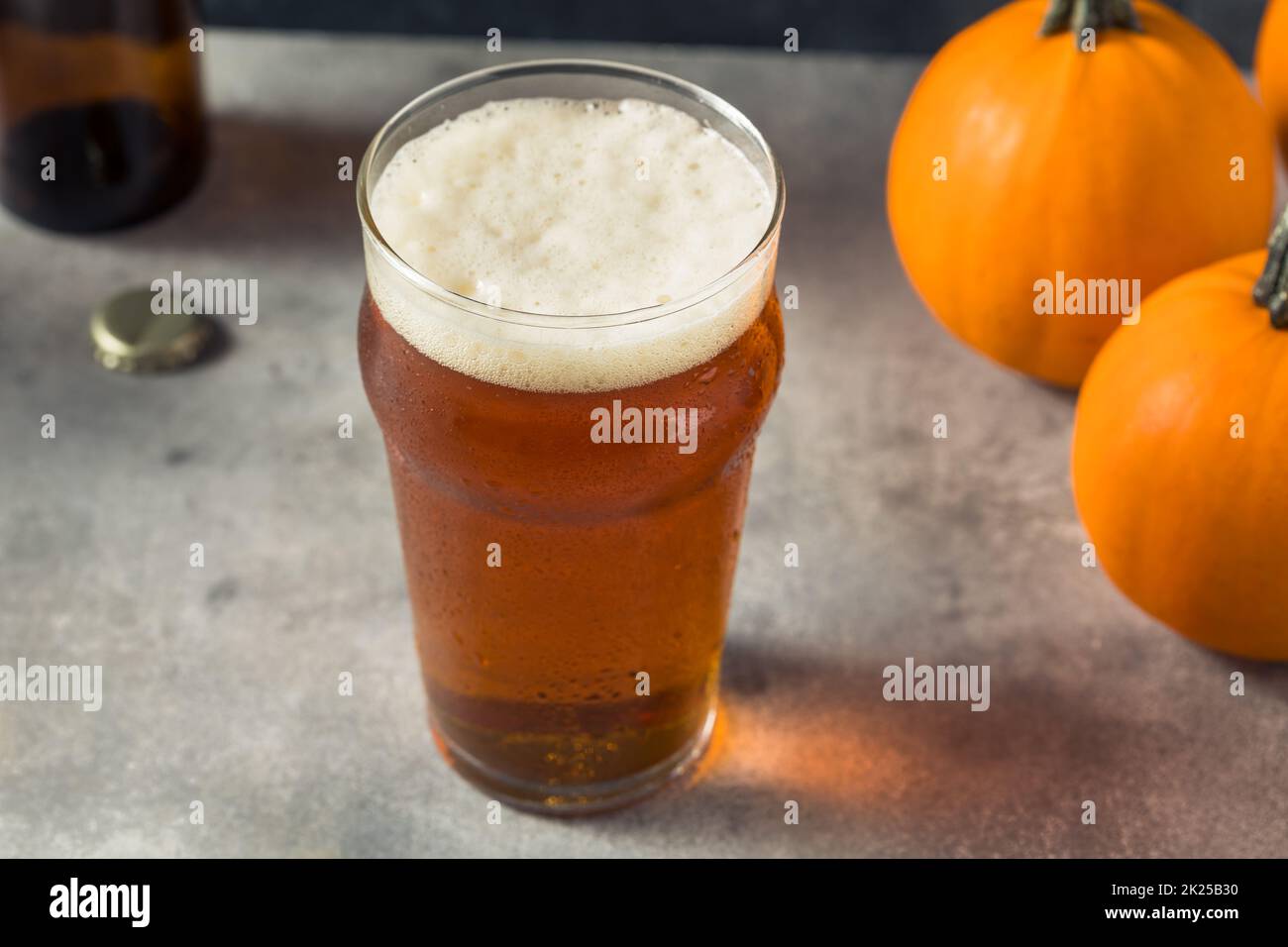 Boozy Refreshing Pumpkin Ale Craft Beer in a PInt Glass Stock Photo