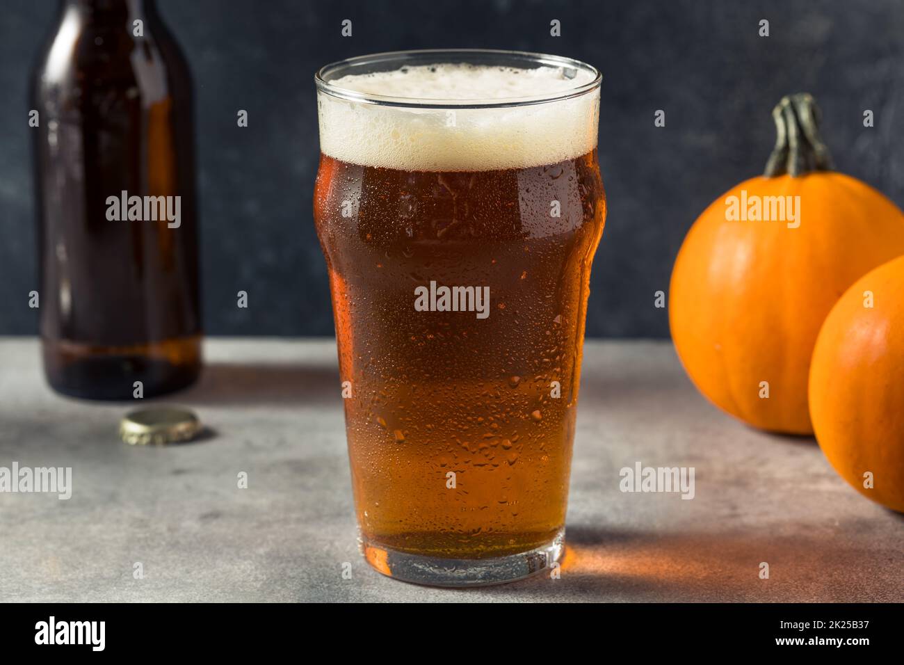 Boozy Refreshing Pumpkin Ale Craft Beer in a PInt Glass Stock Photo