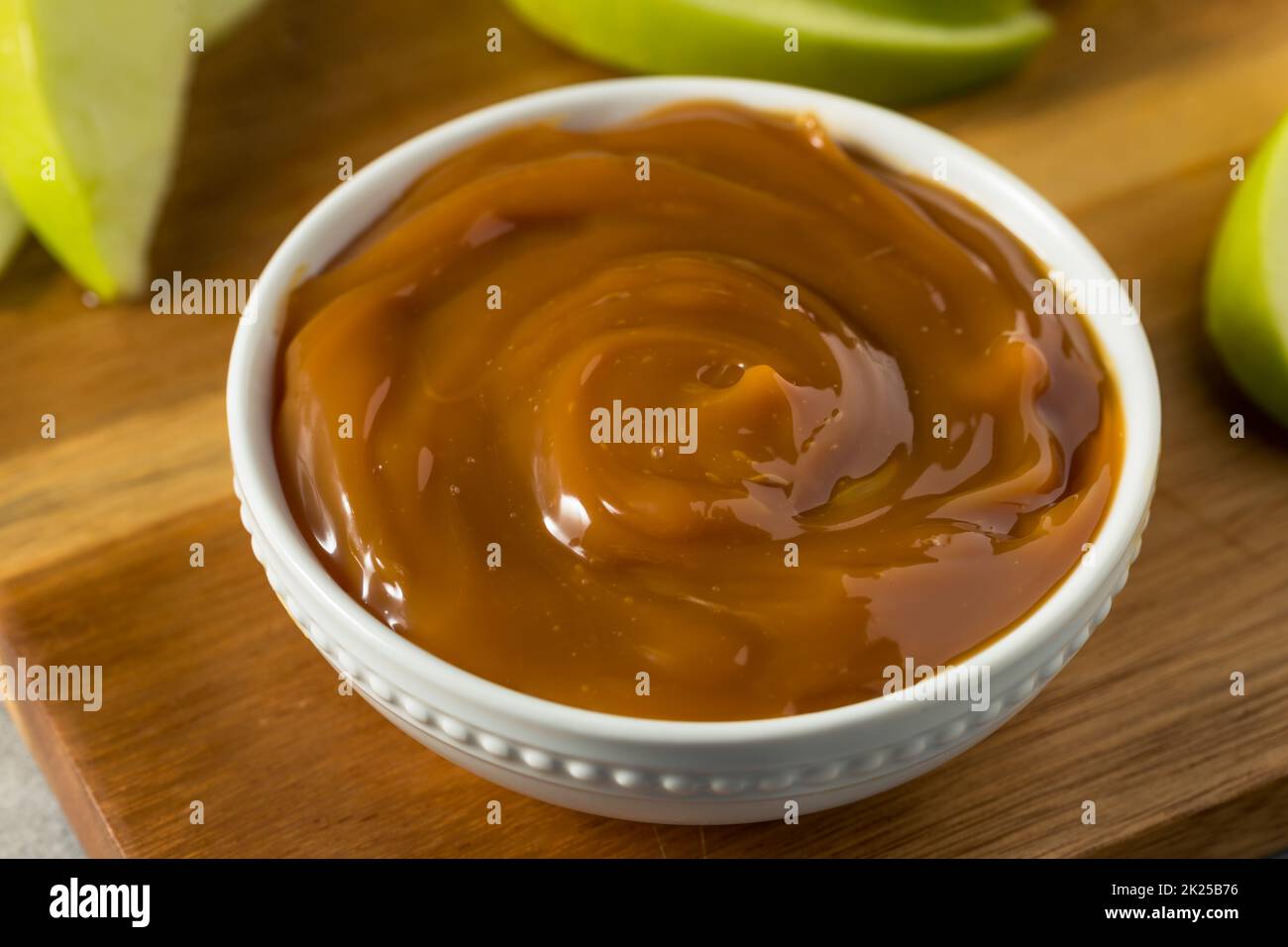 Homemade Caramel Dip with Green Apples Ready to Eat Stock Photo