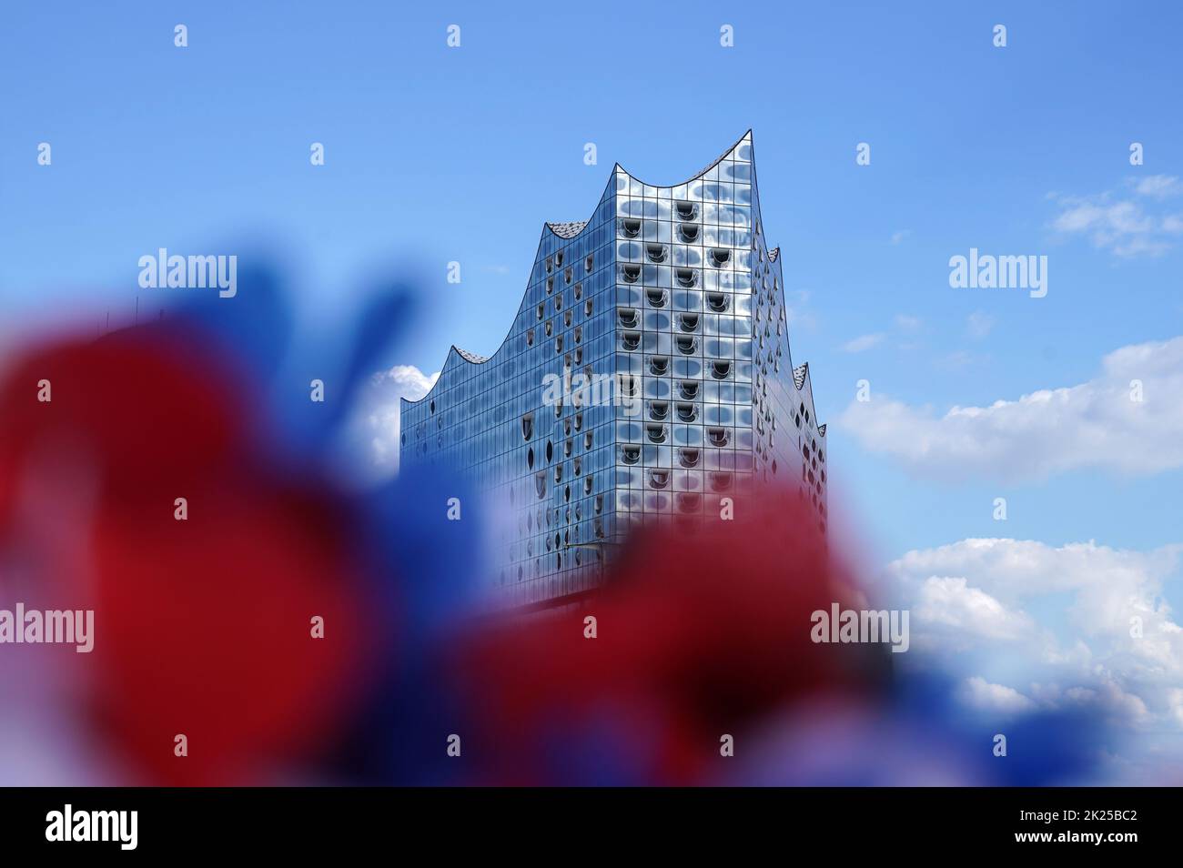 22 September 2022, Hamburg: The Elbphilharmonie can be seen from the Überseebrücke in the harbor. Photo: Marcus Brandt/dpa Stock Photo