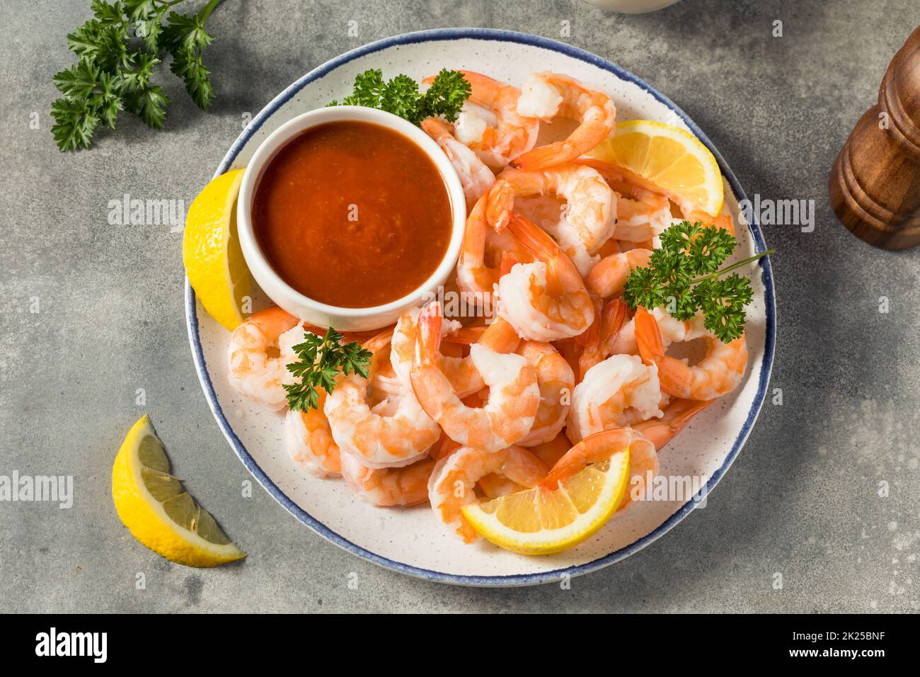 Homemade Cold Shrimp Cocktail with Lemon and Sauce Stock Photo Alamy
